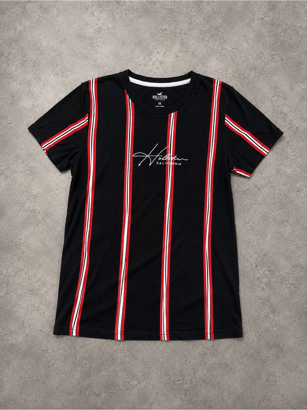 Hollister Black Tee with Red & White Vertical Stripes